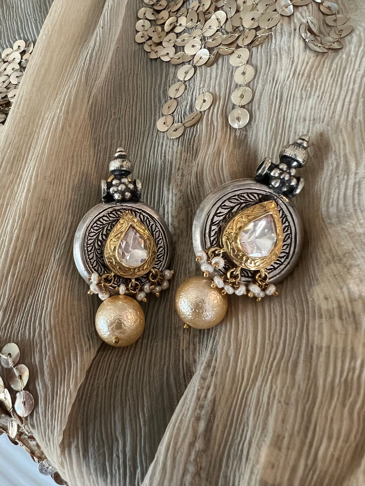 Statement 925 Silver Earrings with Natural Pearls & Kundan Work - Handmade, One of a Kind