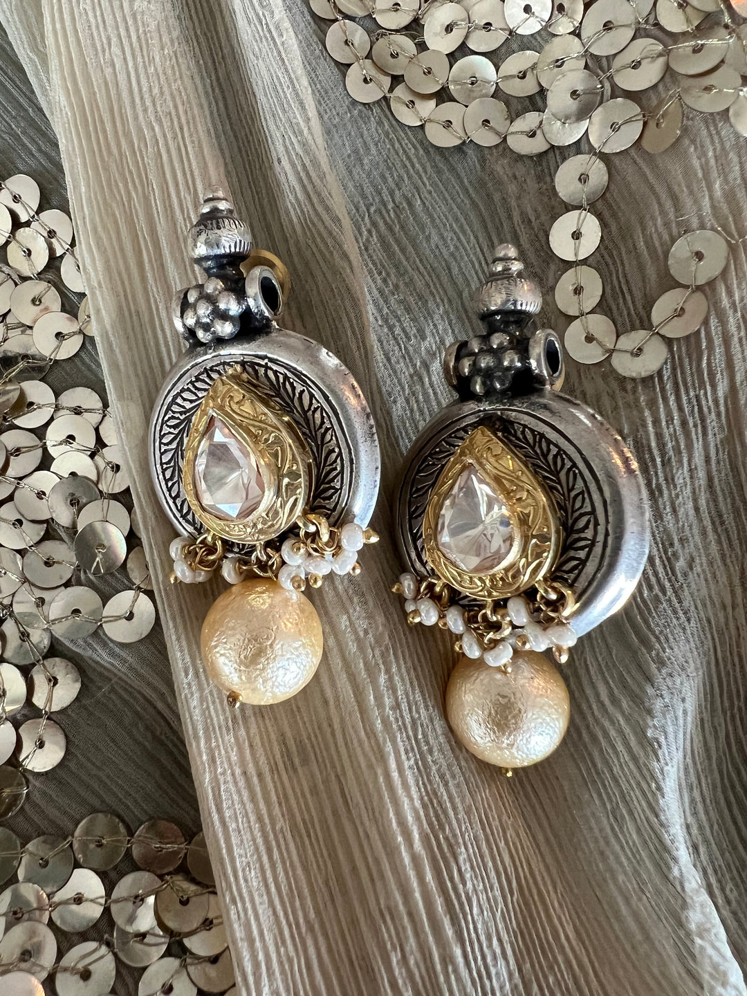 Statement 925 Silver Earrings with Natural Pearls & Kundan Work - Handmade, One of a Kind