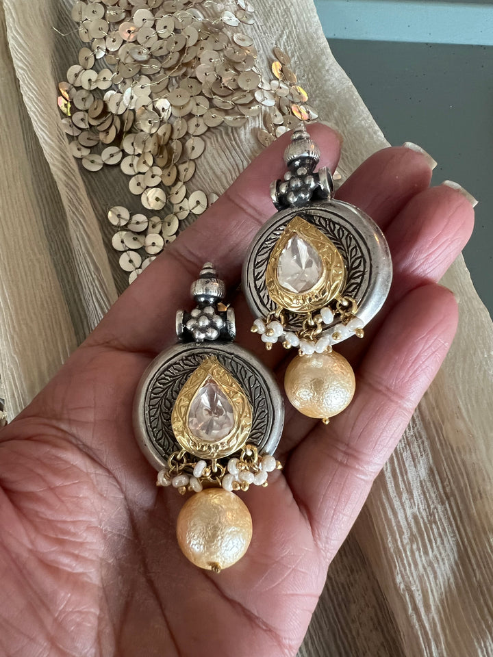 Statement 925 Silver Earrings with Natural Pearls & Kundan Work - Handmade, One of a Kind