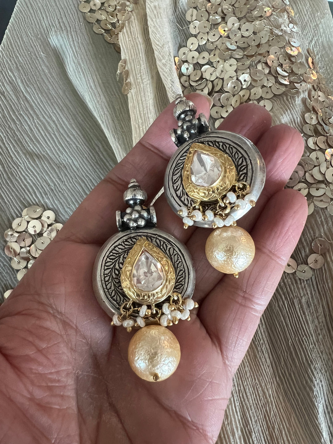Statement 925 Silver Earrings with Natural Pearls & Kundan Work - Handmade, One of a Kind
