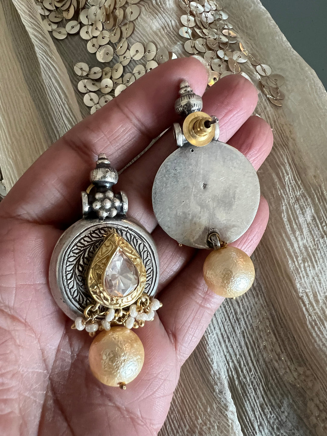 Statement 925 Silver Earrings with Natural Pearls & Kundan Work - Handmade, One of a Kind