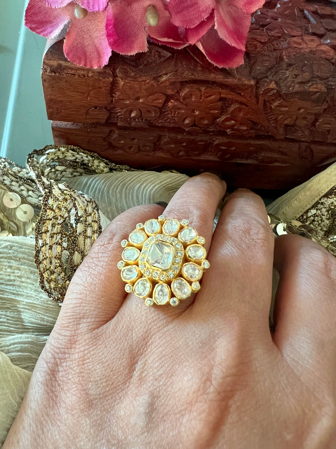 Pure 925 Moissanite Polki Silver Ring