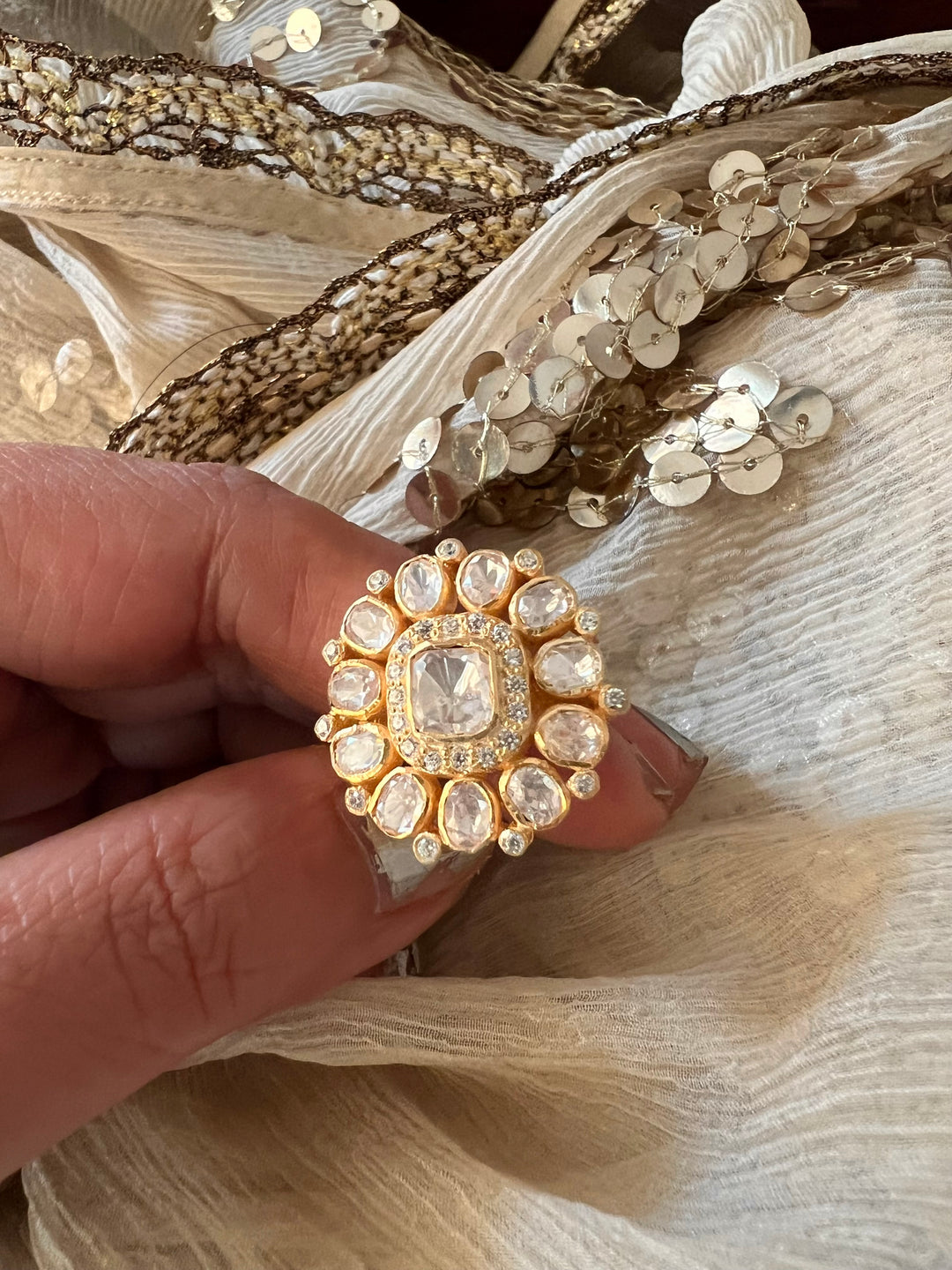 Pure 925 Moissanite Polki Silver Ring