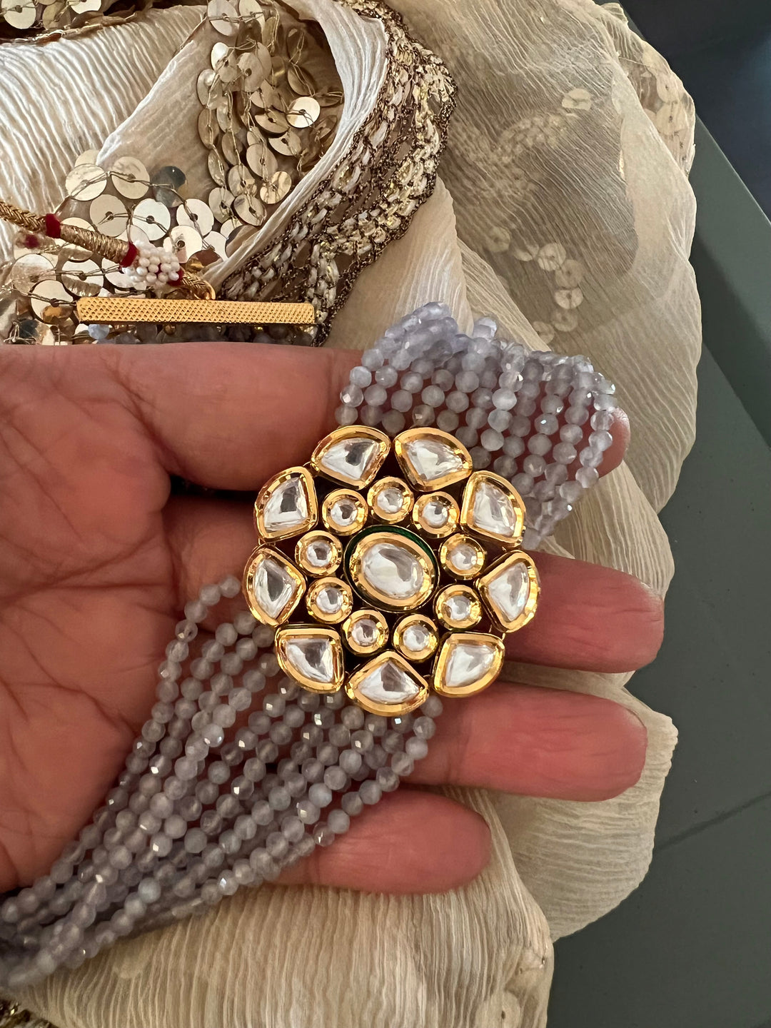 Grey Kundan Choker with Studs