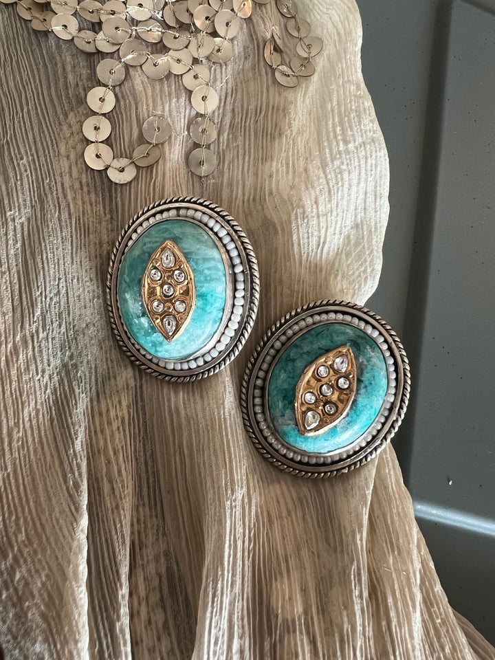 Statement 925 Silver Earrings with Natural Stones Pearls & Kundan Work - Handmade, One of a Kind