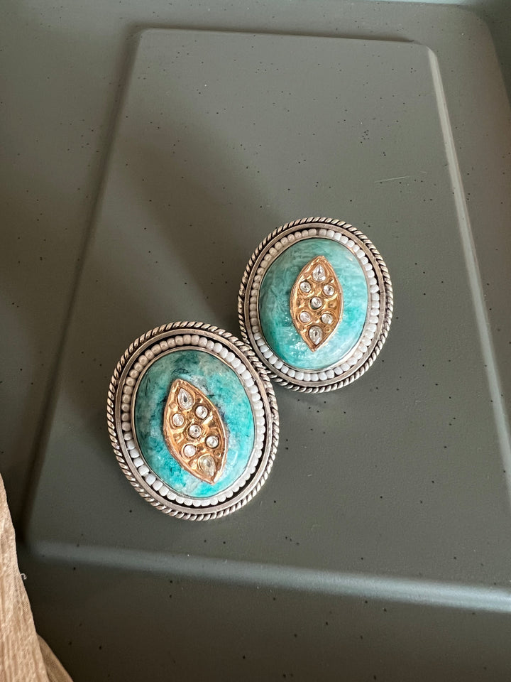 Statement 925 Silver Earrings with Natural Stones Pearls & Kundan Work - Handmade, One of a Kind