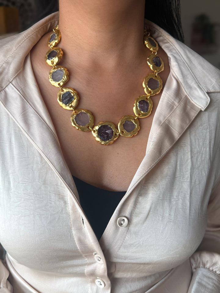 Handmade Raw Amethyst Gold Embedded Necklace | Adjustable Lobster Claw Brass Statement Jewelry