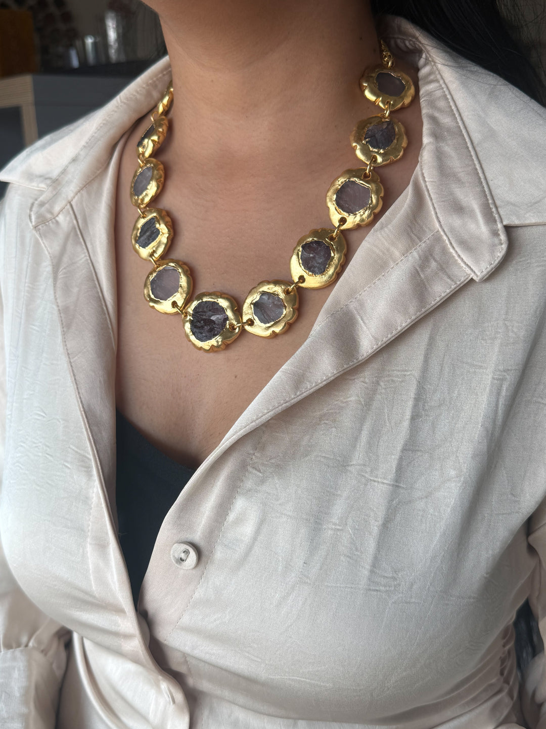 Handmade Raw Amethyst Gold Embedded Necklace | Adjustable Lobster Claw Brass Statement Jewelry
