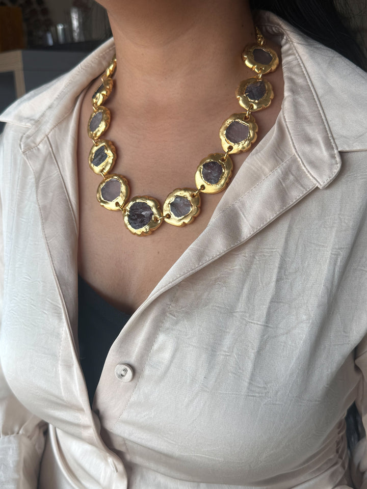 Handmade Raw Amethyst Gold Embedded Necklace | Adjustable Lobster Claw Brass Statement Jewelry