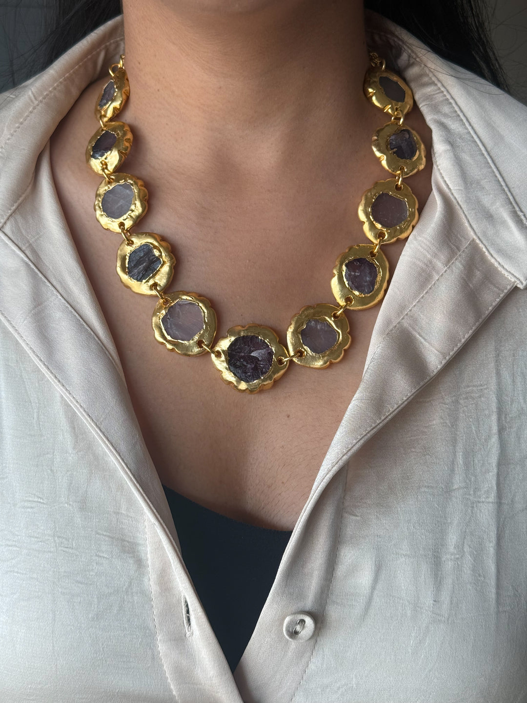 Handmade Raw Amethyst Gold Embedded Necklace | Adjustable Lobster Claw Brass Statement Jewelry