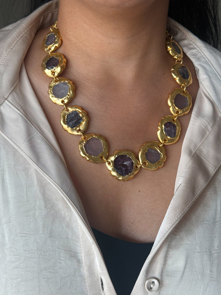 Handmade Raw Amethyst Gold Embedded Necklace | Adjustable Lobster Claw Brass Statement Jewelry