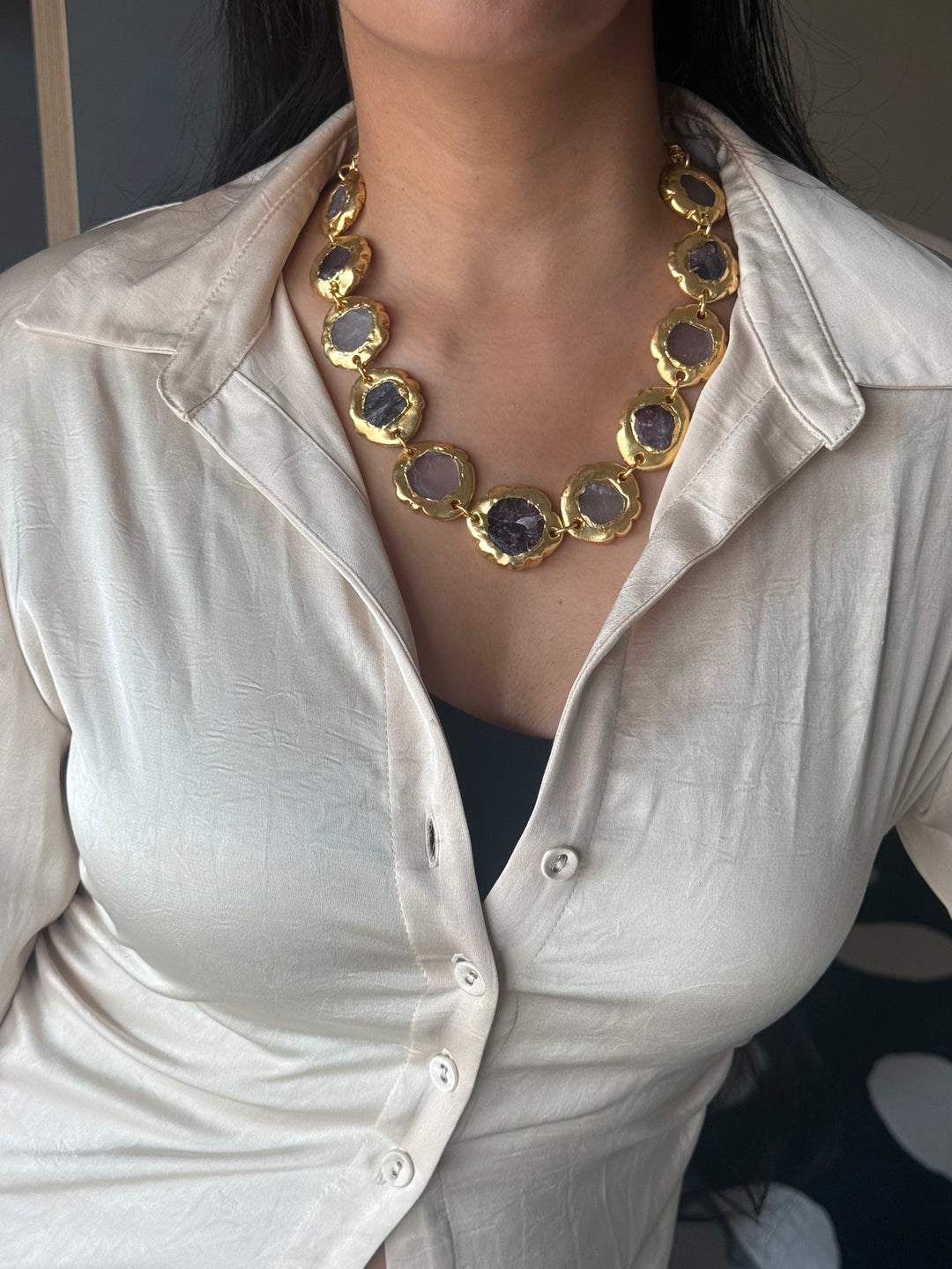 Handmade Raw Amethyst Gold Embedded Necklace | Adjustable Lobster Claw Brass Statement Jewelry