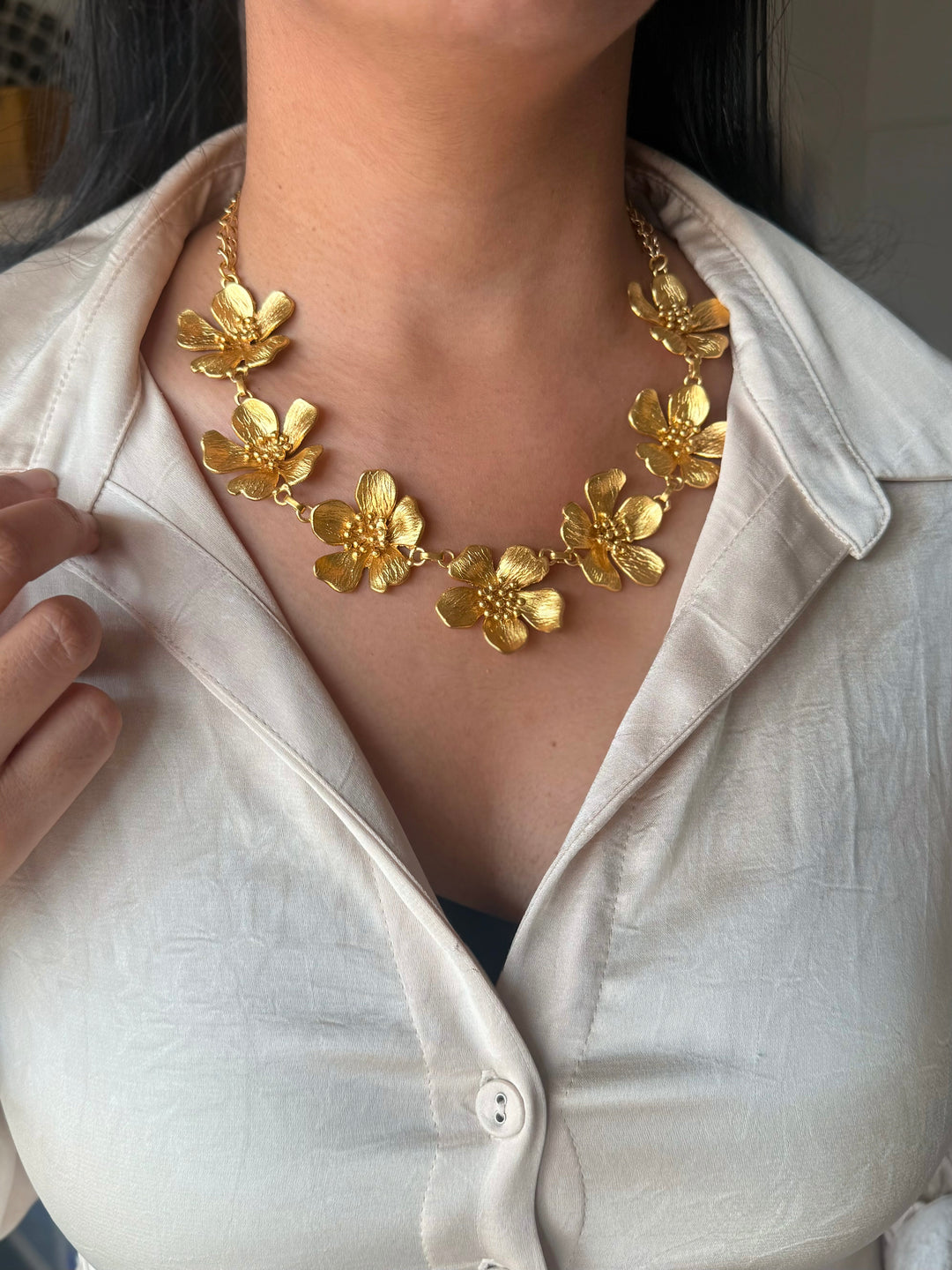 Handmade Flower Statement Necklace | Gold Polish Brass Adjustable Lobster Claw Jewelry