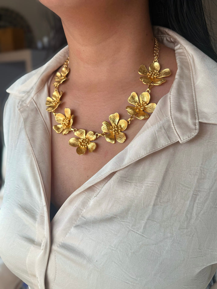 Handmade Flower Statement Necklace | Gold Polish Brass Adjustable Lobster Claw Jewelry