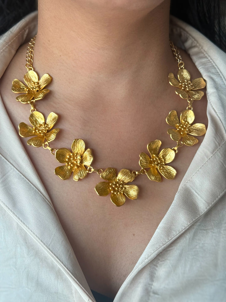Handmade Flower Statement Necklace | Gold Polish Brass Adjustable Lobster Claw Jewelry