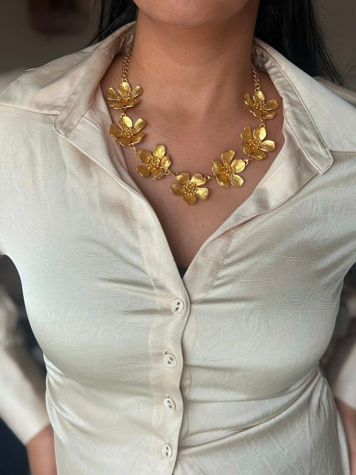 Handmade Flower Statement Necklace | Gold Polish Brass Adjustable Lobster Claw Jewelry