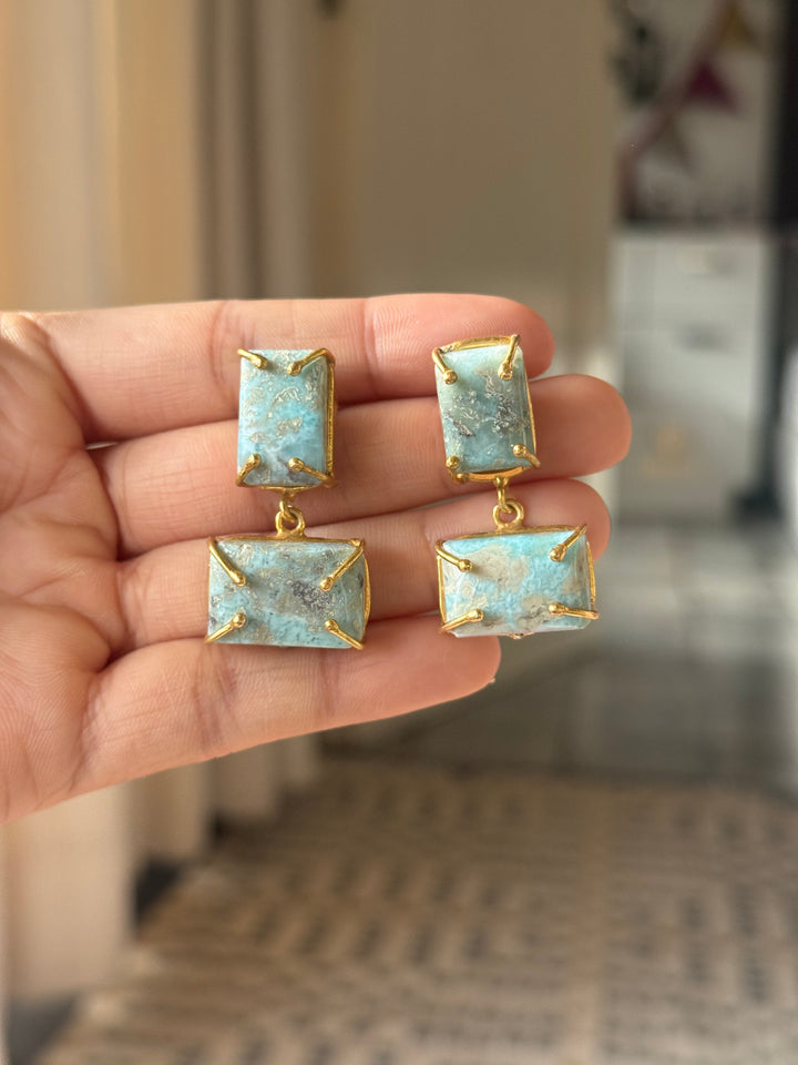 Handmade Natural Larimar Stone Earrings | SHIVKA | Gold Polished Brass | 4x2 cm | 20g Pair | Push Back