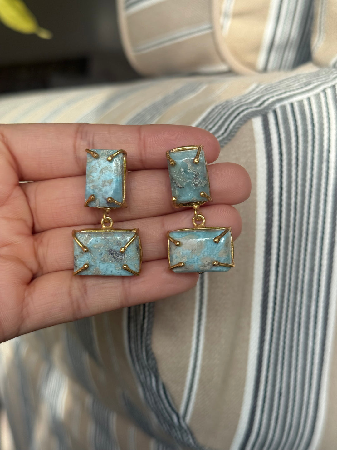 Handmade Natural Larimar Stone Earrings | SHIVKA | Gold Polished Brass | 4x2 cm | 20g Pair | Push Back