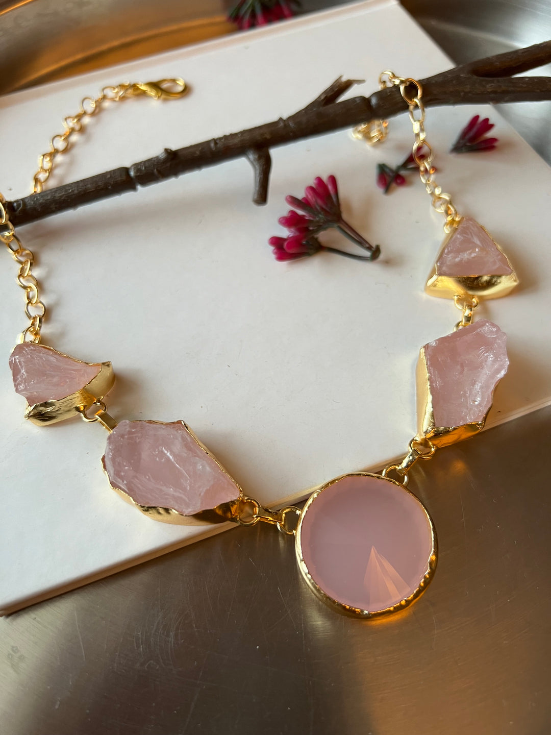 Rose Quartz and Chalcedony Stone Necklace