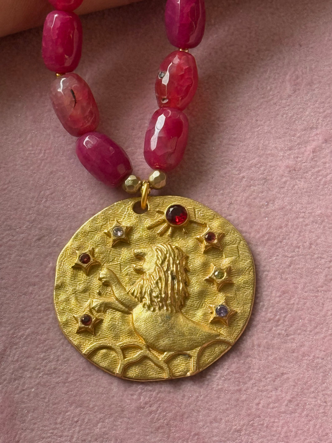 Handmade Leo Pendant Necklace with Natural Aventurine | Gold Polish Brass Short Statement Necklace