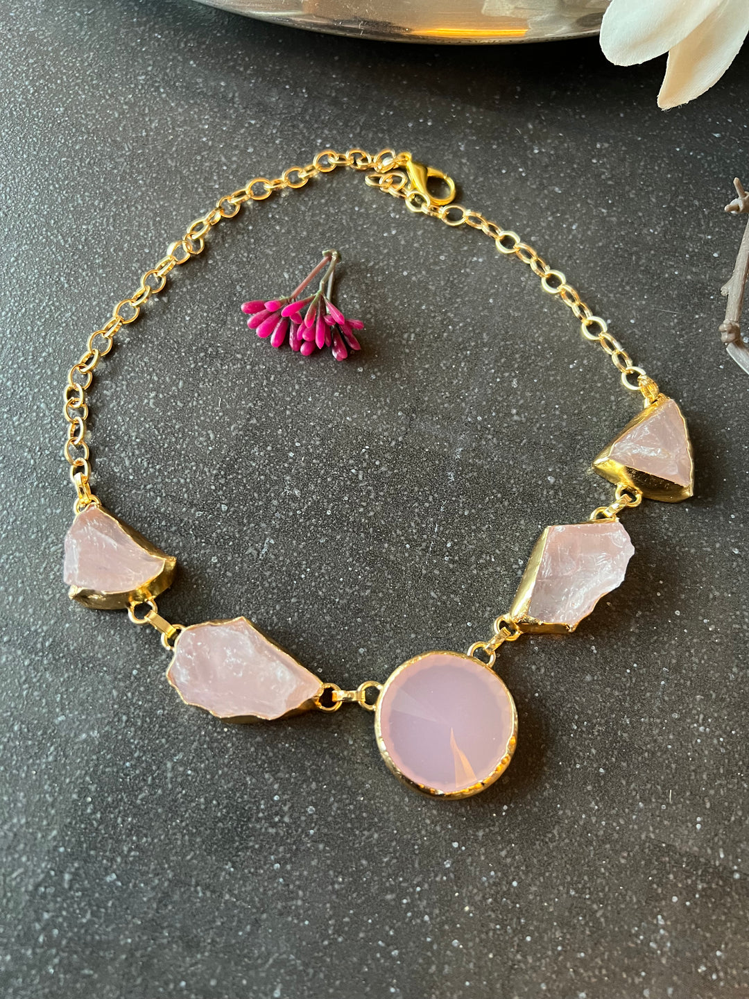 Rose Quartz and Chalcedony Stone Necklace
