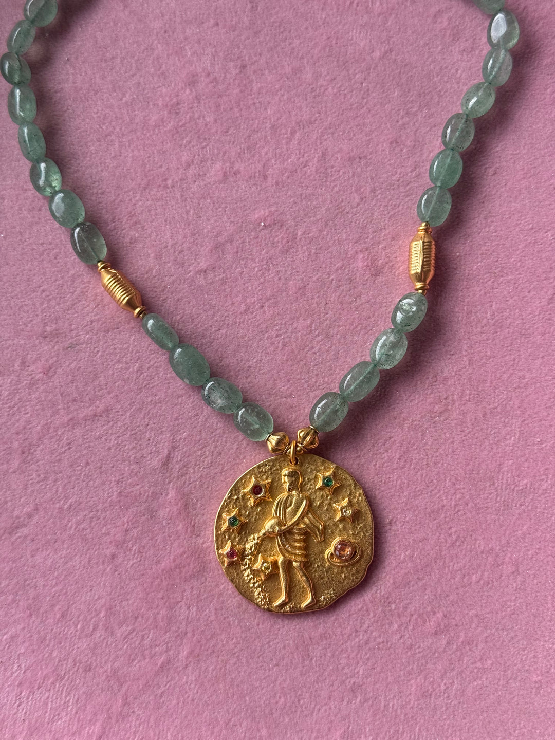 Handmade Aquarius Pendant Necklace with Natural Aventurine | Gold Polish Brass Zodiac Jewelry