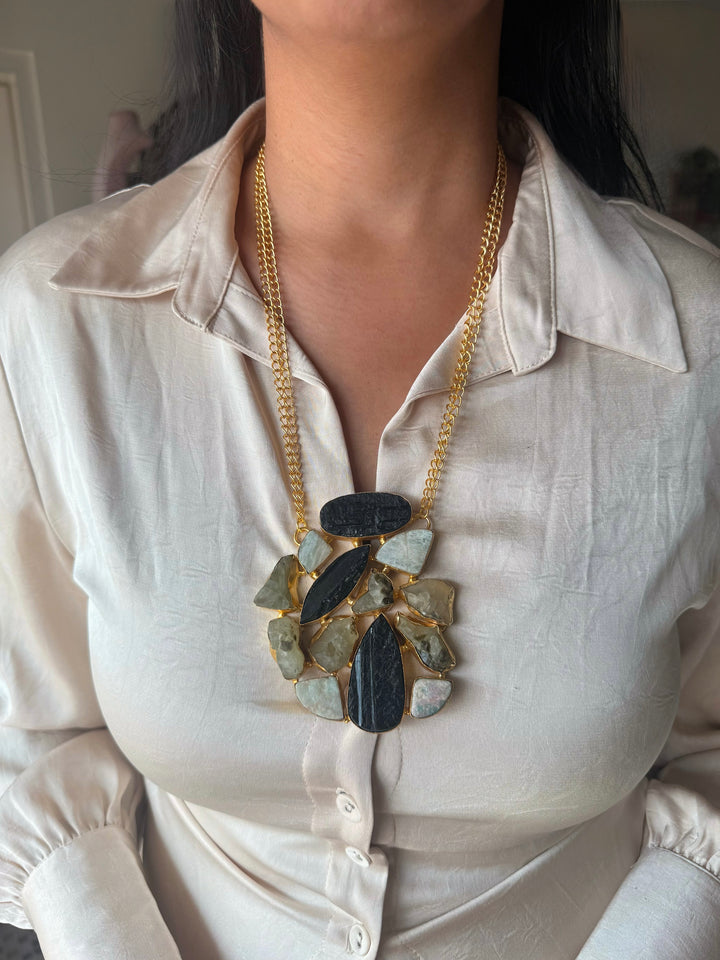 Handmade Natural Gemstones Statement Necklace | Brass Adjustable Lobster Claw Jewelry