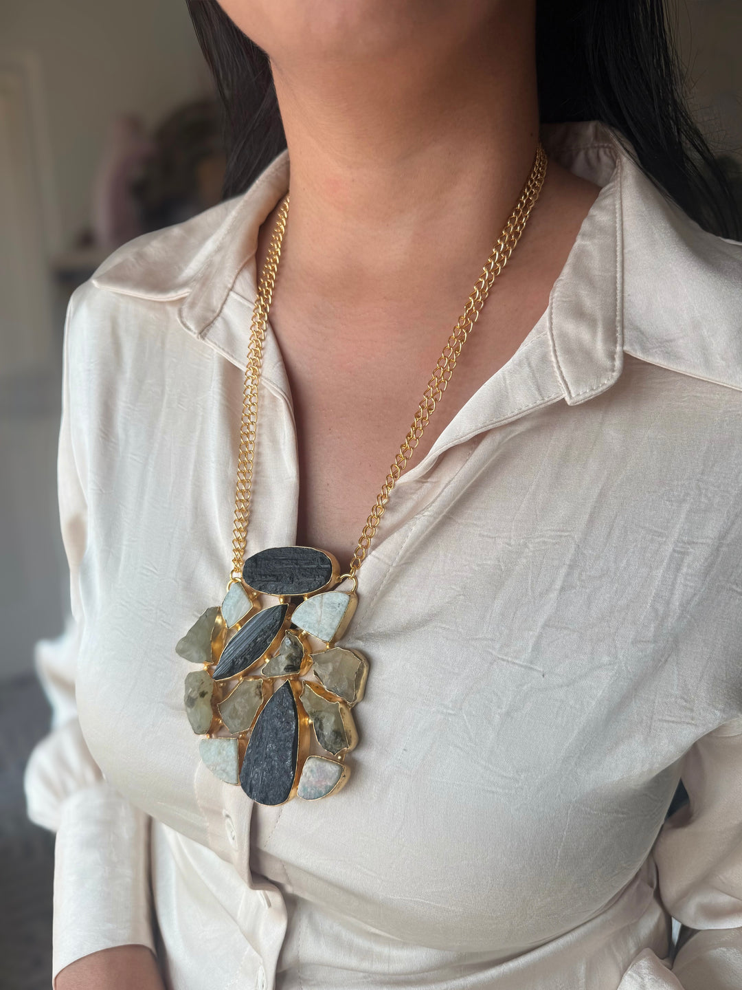 Handmade Natural Gemstones Statement Necklace | Brass Adjustable Lobster Claw Jewelry