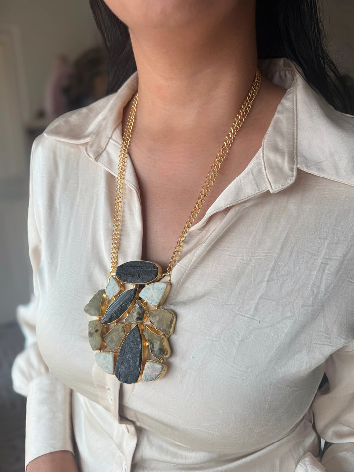 Handmade Natural Gemstones Statement Necklace | Brass Adjustable Lobster Claw Jewelry