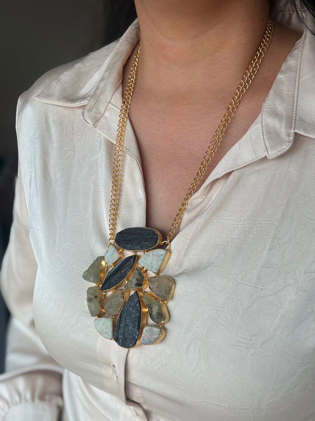 Handmade Natural Gemstones Statement Necklace | Brass Adjustable Lobster Claw Jewelry