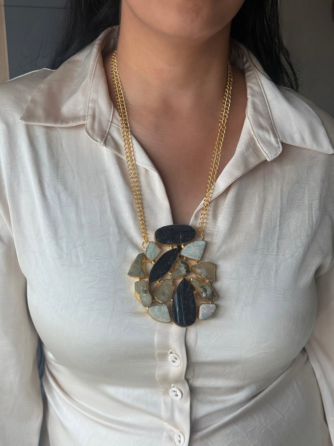 Handmade Natural Gemstones Statement Necklace | Brass Adjustable Lobster Claw Jewelry