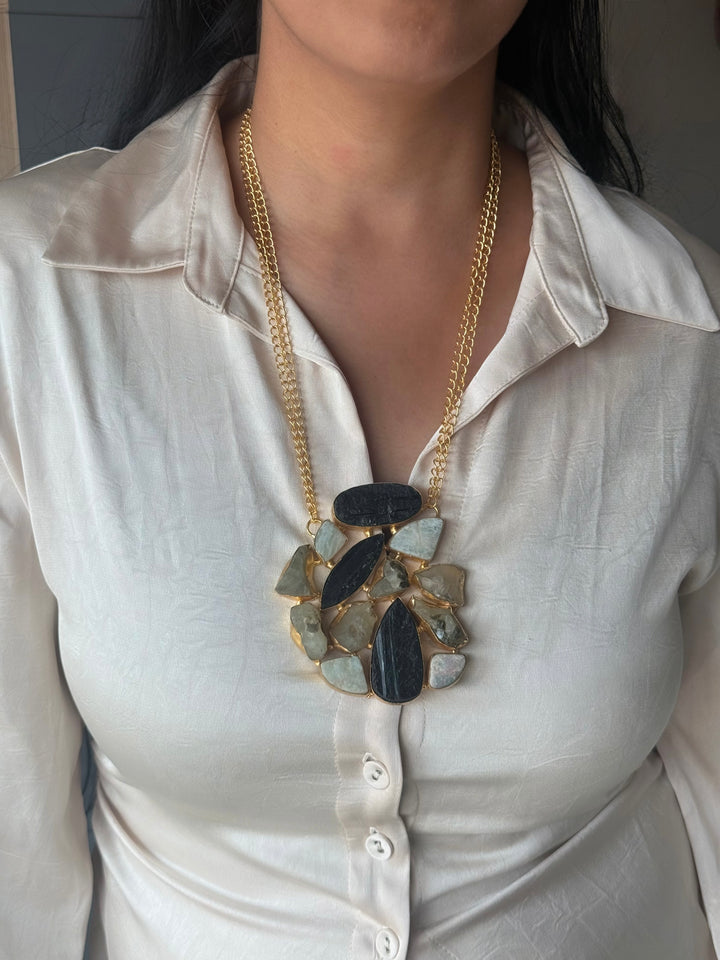 Handmade Natural Gemstones Statement Necklace | Brass Adjustable Lobster Claw Jewelry