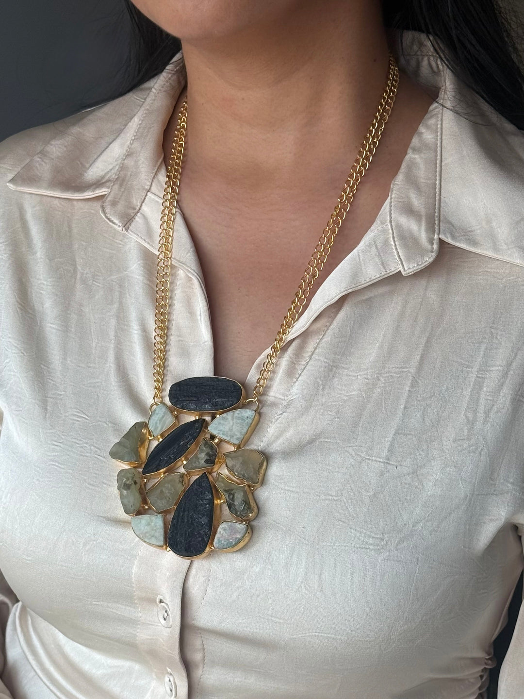 Handmade Natural Gemstones Statement Necklace | Brass Adjustable Lobster Claw Jewelry