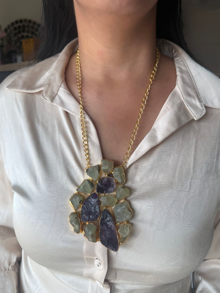 Handmade Natural Gemstones Statement Necklace | Brass Adjustable Lobster Claw Jewelry