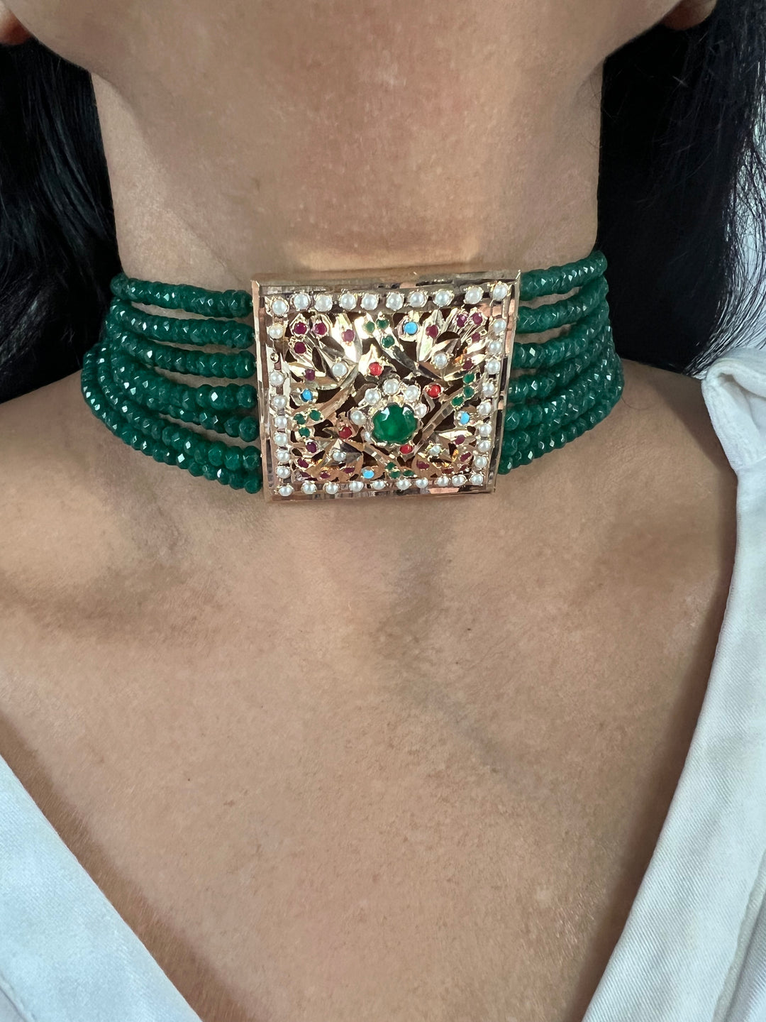 Statement Jadau Choker Necklace Set | 18k Gold Plated | Copper & Semi-Precious Stones