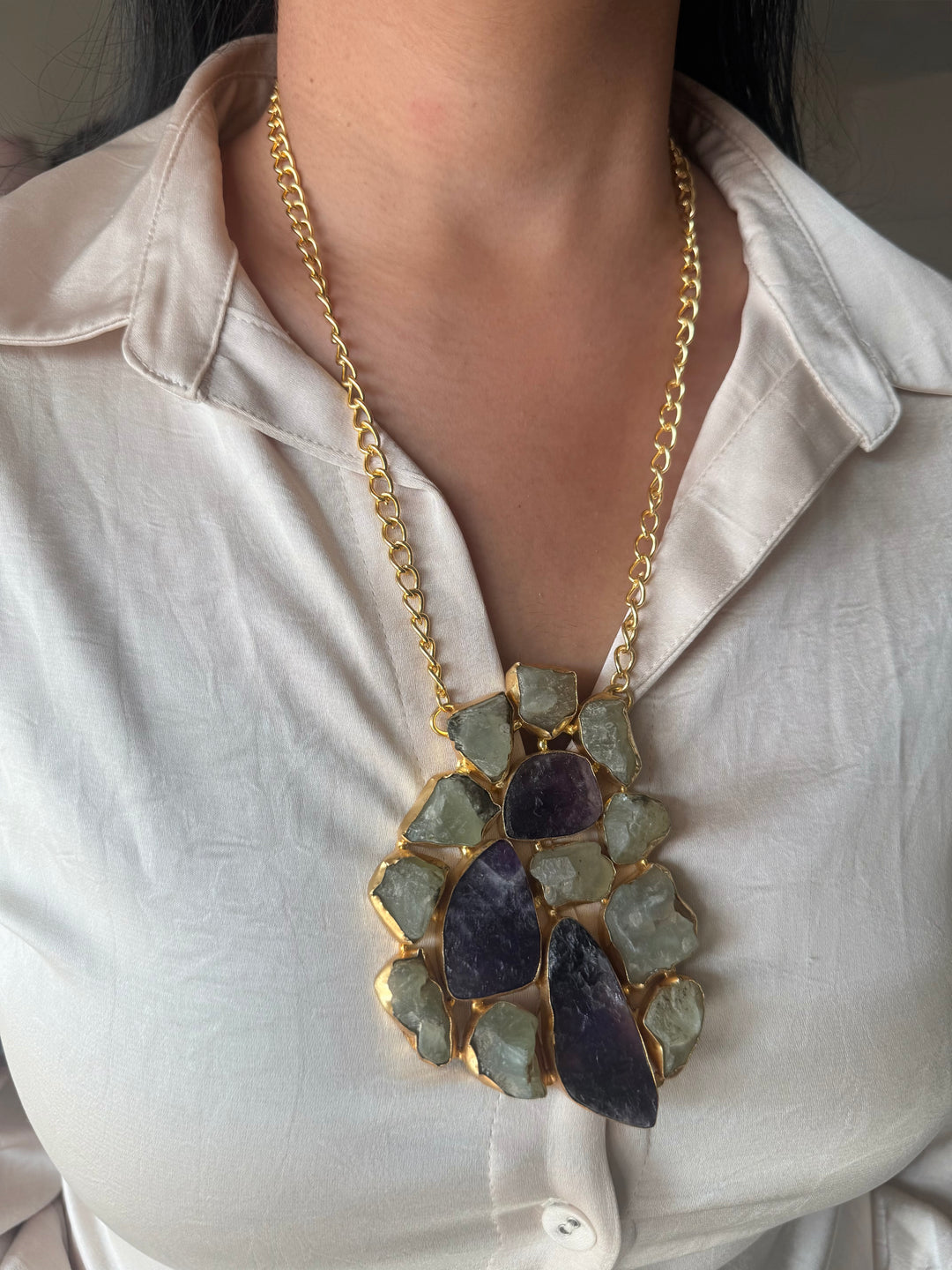 Handmade Natural Gemstones Statement Necklace | Brass Adjustable Lobster Claw Jewelry