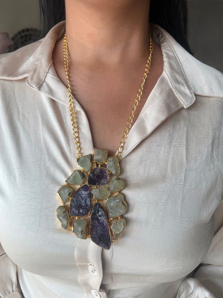 Handmade Natural Gemstones Statement Necklace | Brass Adjustable Lobster Claw Jewelry