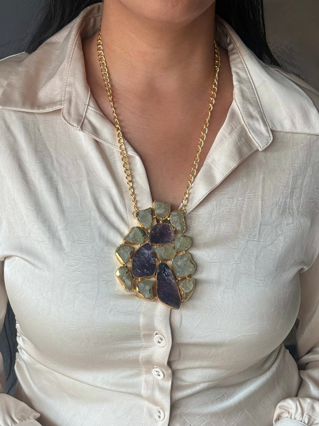 Handmade Natural Gemstones Statement Necklace | Brass Adjustable Lobster Claw Jewelry