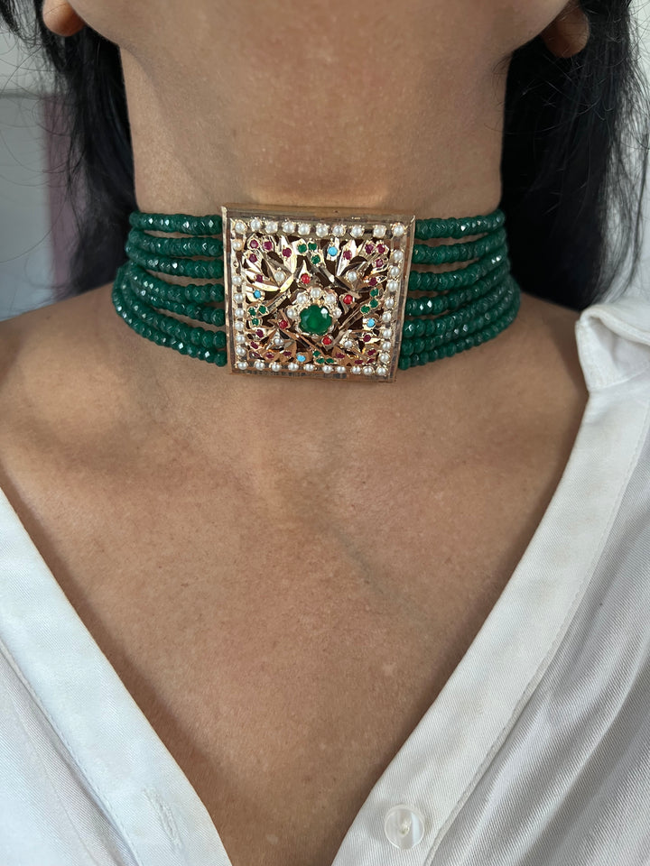 Statement Jadau Choker Necklace Set | 18k Gold Plated | Copper & Semi-Precious Stones