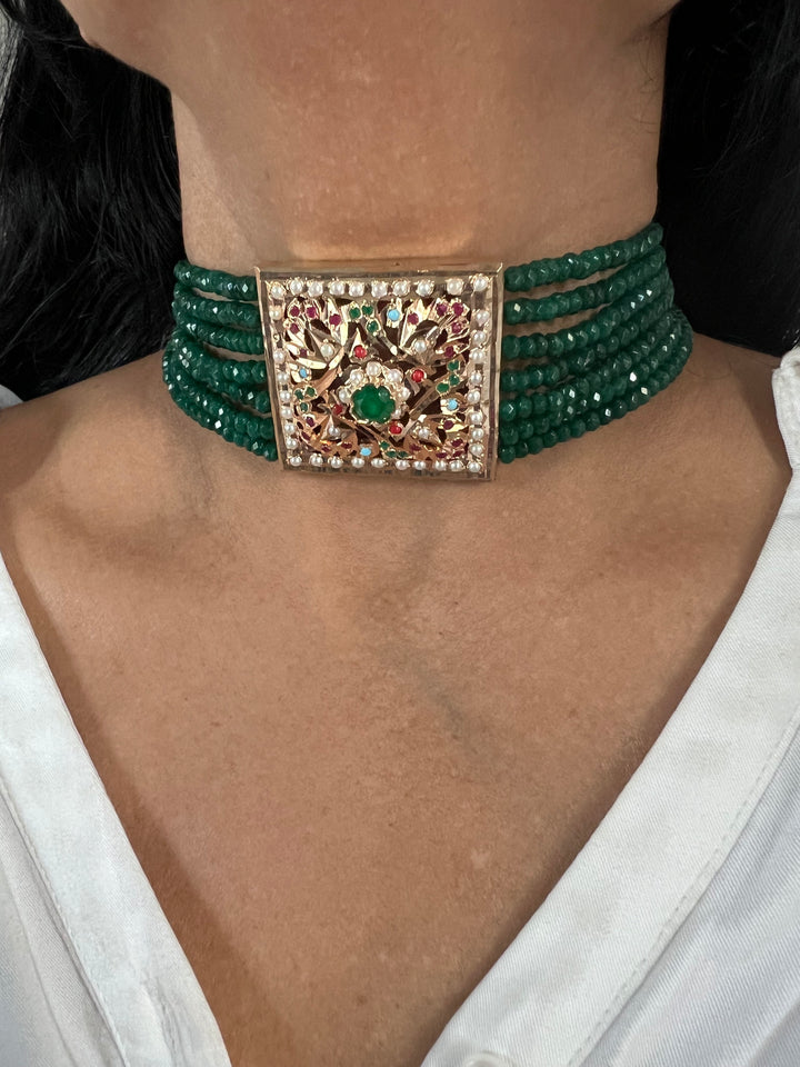 Statement Jadau Choker Necklace Set | 18k Gold Plated | Copper & Semi-Precious Stones