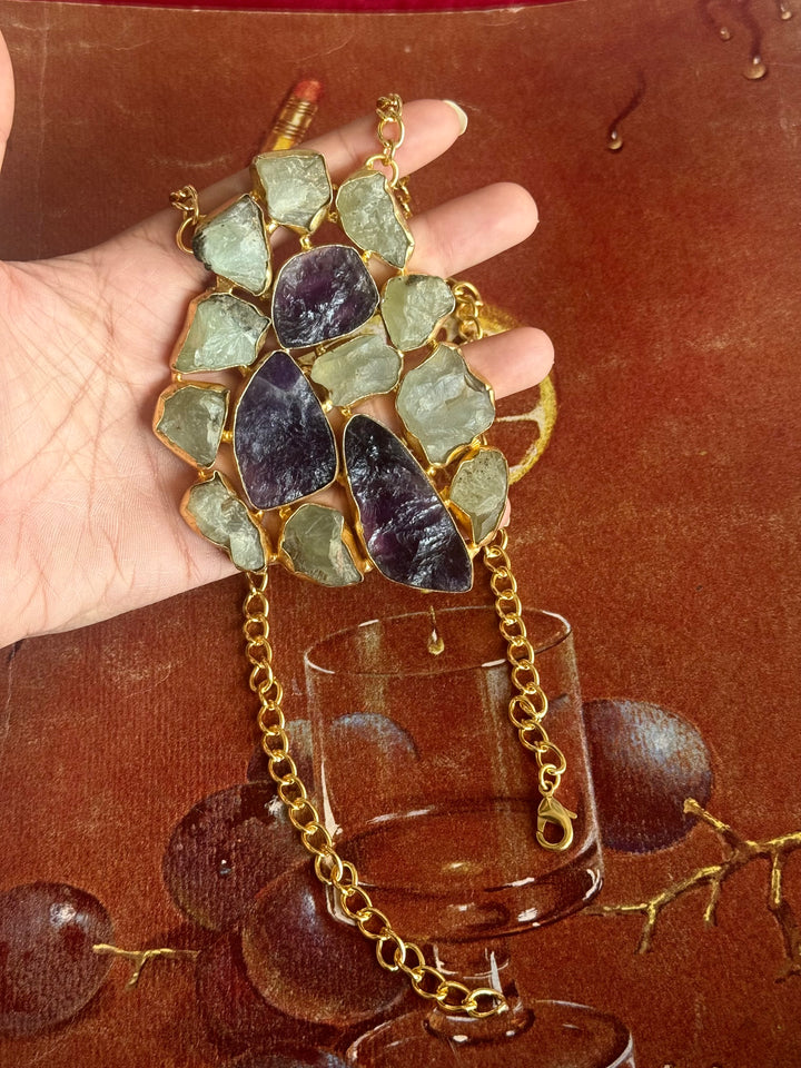 Handmade Natural Gemstones Statement Necklace | Brass Adjustable Lobster Claw Jewelry