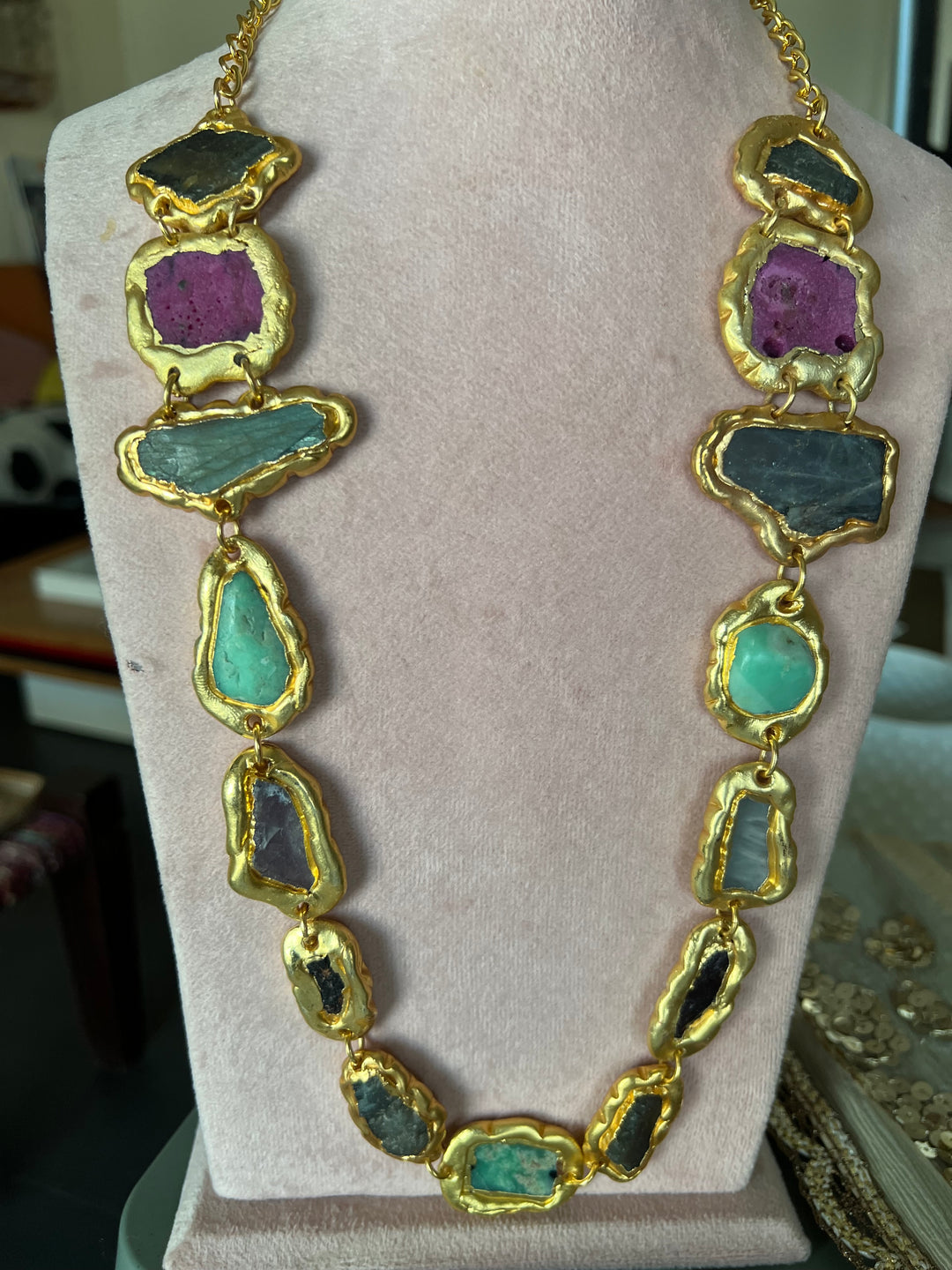 Statement Gold Embedded Natural Gemstones Necklace