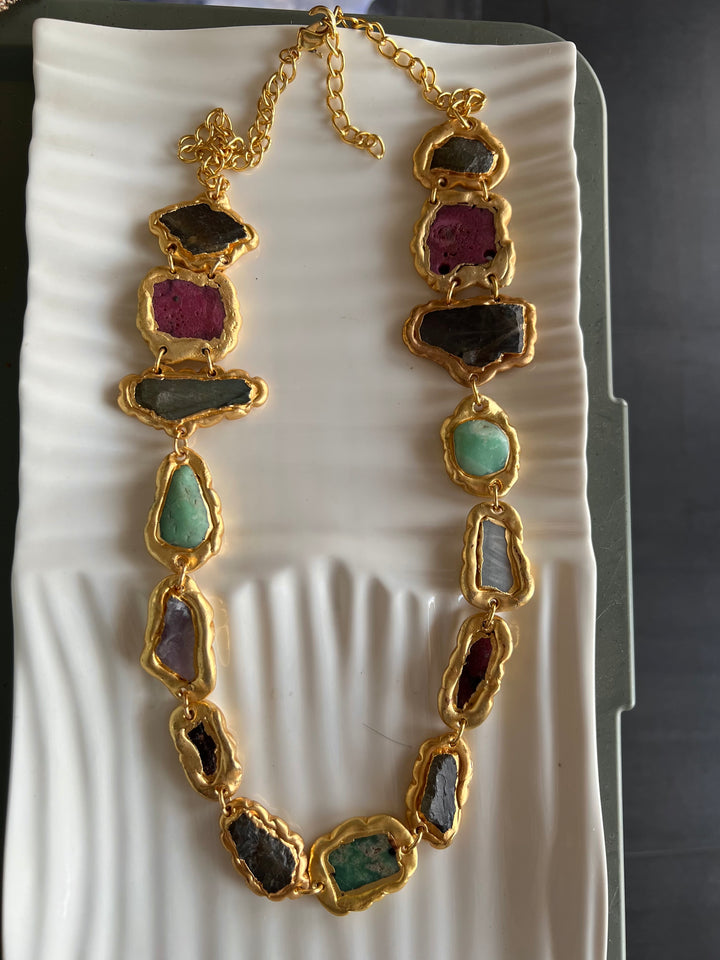 Statement Gold Embedded Natural Gemstones Necklace
