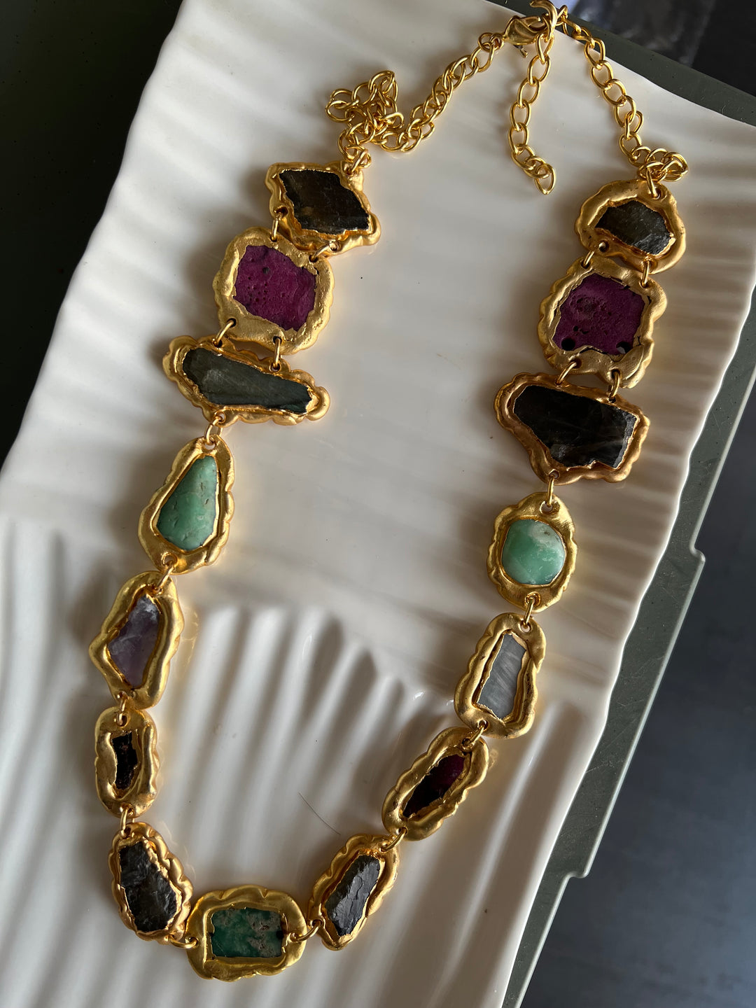 Statement Gold Embedded Natural Gemstones Necklace