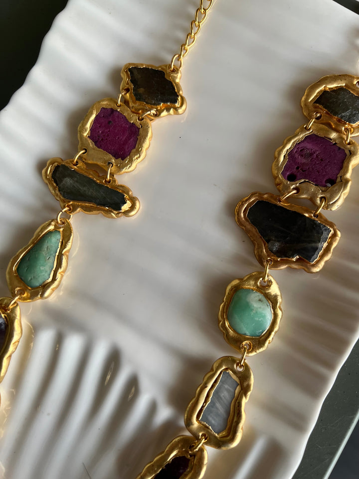 Statement Gold Embedded Natural Gemstones Necklace