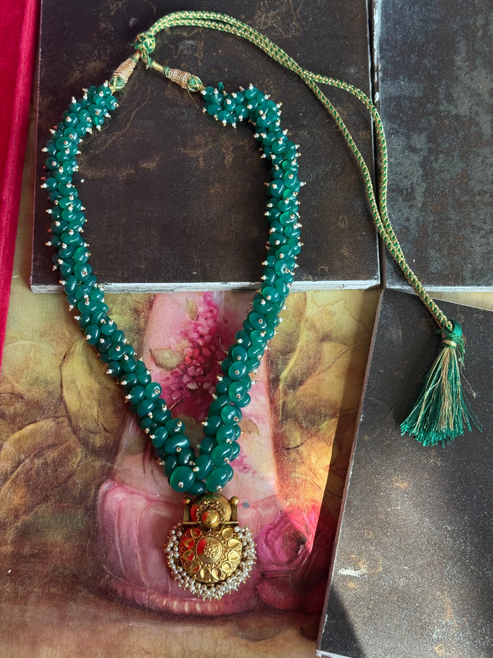 Handmade Green Onyx Cluster Necklace with 925 Silver Pendant | Adjustable Dori Statement Jewelry