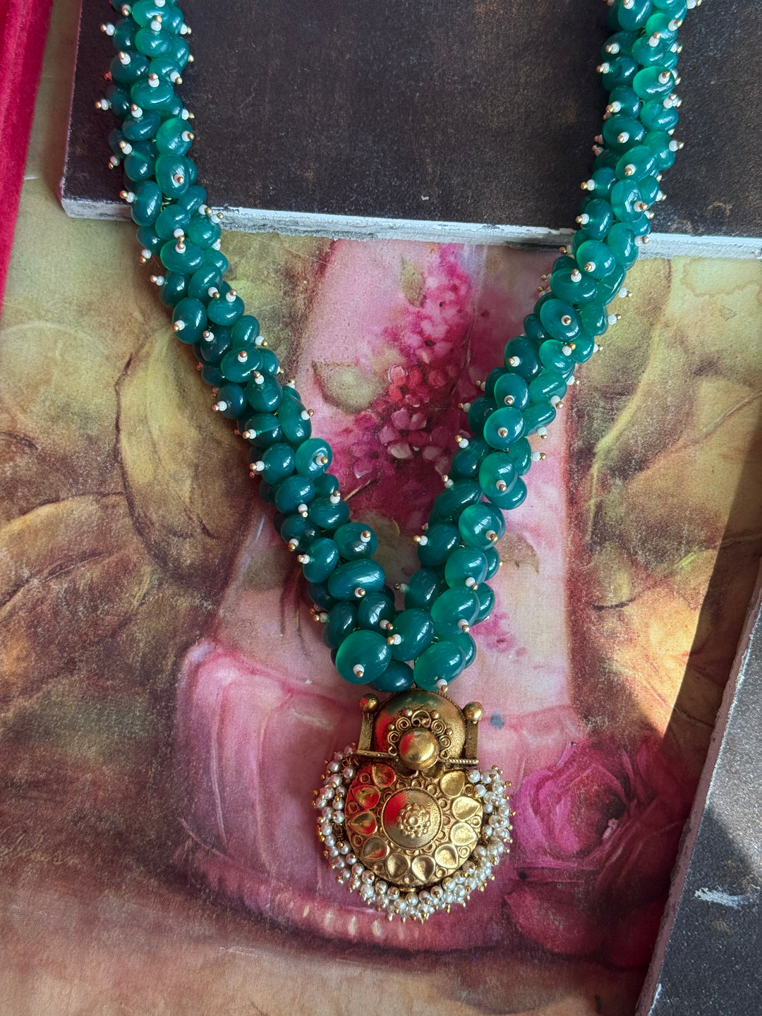 Handmade Green Onyx Cluster Necklace with 925 Silver Pendant | Adjustable Dori Statement Jewelry