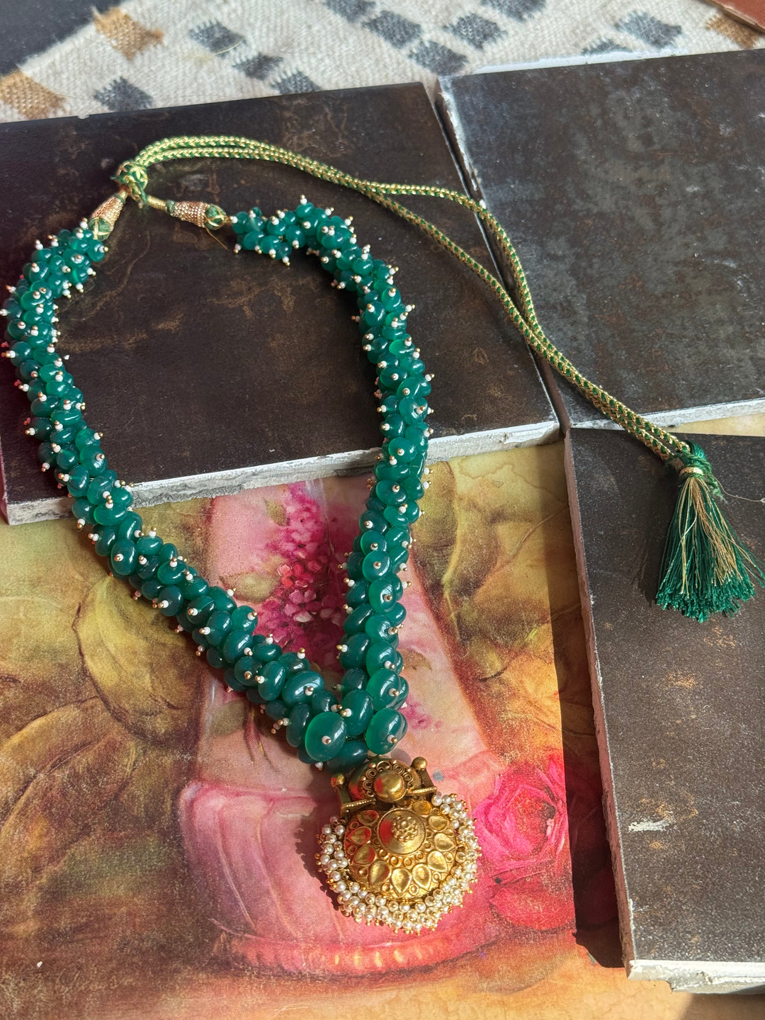 Handmade Green Onyx Cluster Necklace with 925 Silver Pendant | Adjustable Dori Statement Jewelry