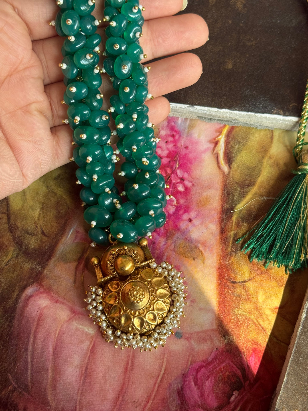 Handmade Green Onyx Cluster Necklace with 925 Silver Pendant | Adjustable Dori Statement Jewelry