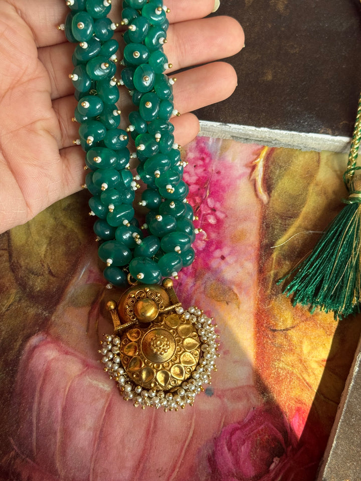 Handmade Green Onyx Cluster Necklace with 925 Silver Pendant | Adjustable Dori Statement Jewelry